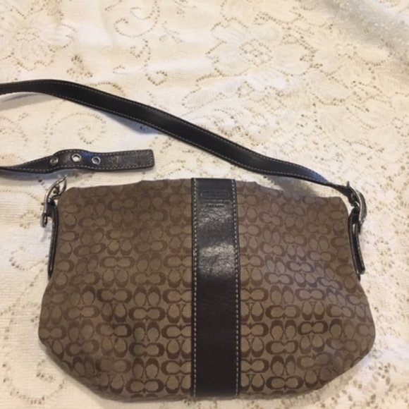 COACH Brown Signature C Fabric Small Leather Trim Shoulder Bag (8"x5") EUC - Picture 11 of 13